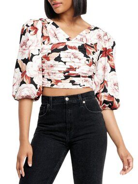 😍 NWT 😍 Express Floral Print Linen-Blend Ruched Cropped Top, Size XS